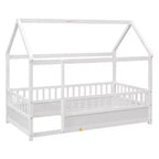 Cama de piso con techo de casa gris/blanca y barandales de seguridad – Individual