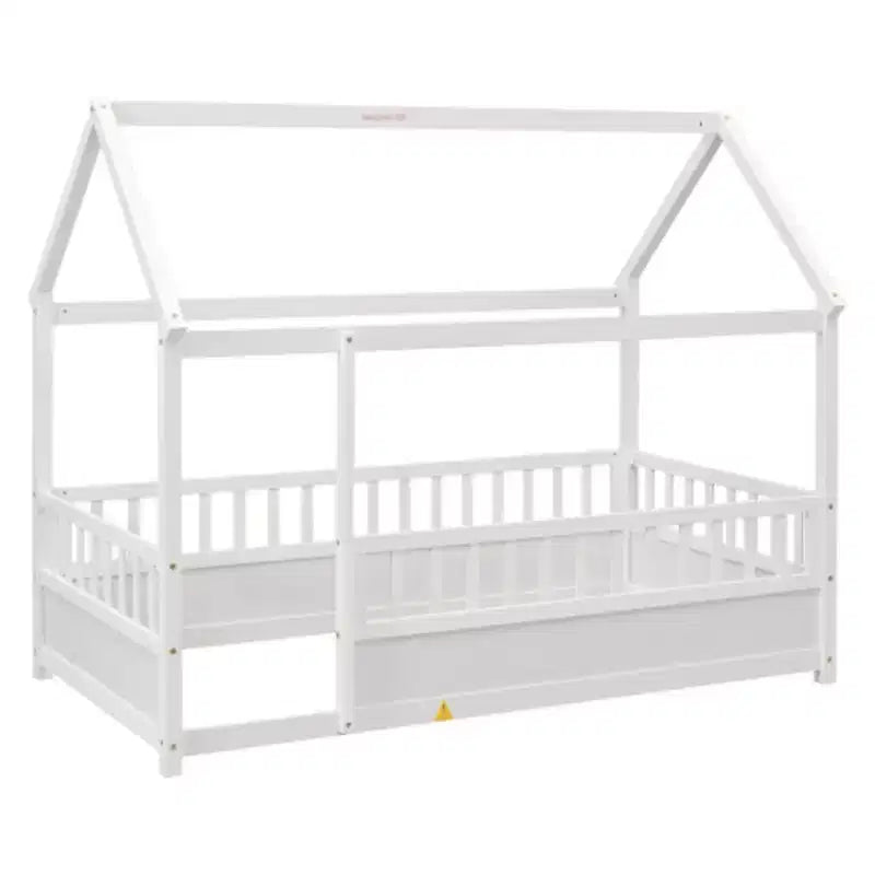 Cama de piso con techo de casa gris/blanca y barandales de seguridad – Individual