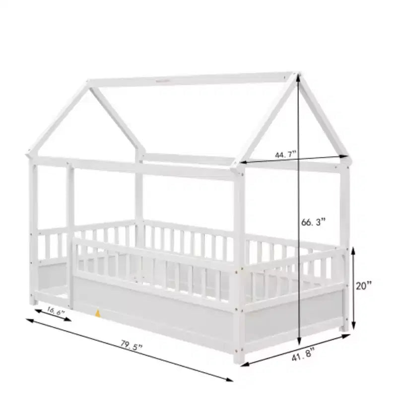 Cama de piso con techo de casa gris/blanca y barandales de seguridad – Individual