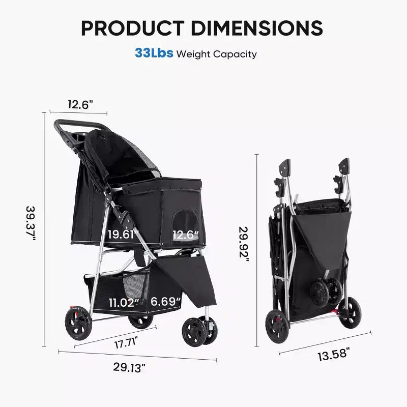 Cochecito plegable gris para mascotas con cesta de almacenamiento, para perros y gatos pequeños/medianos