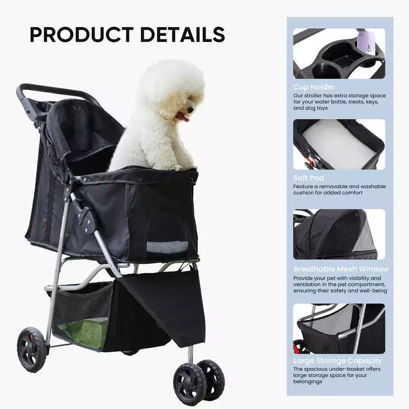 Cochecito plegable gris para mascotas con cesta de almacenamiento, para perros y gatos pequeños/medianos