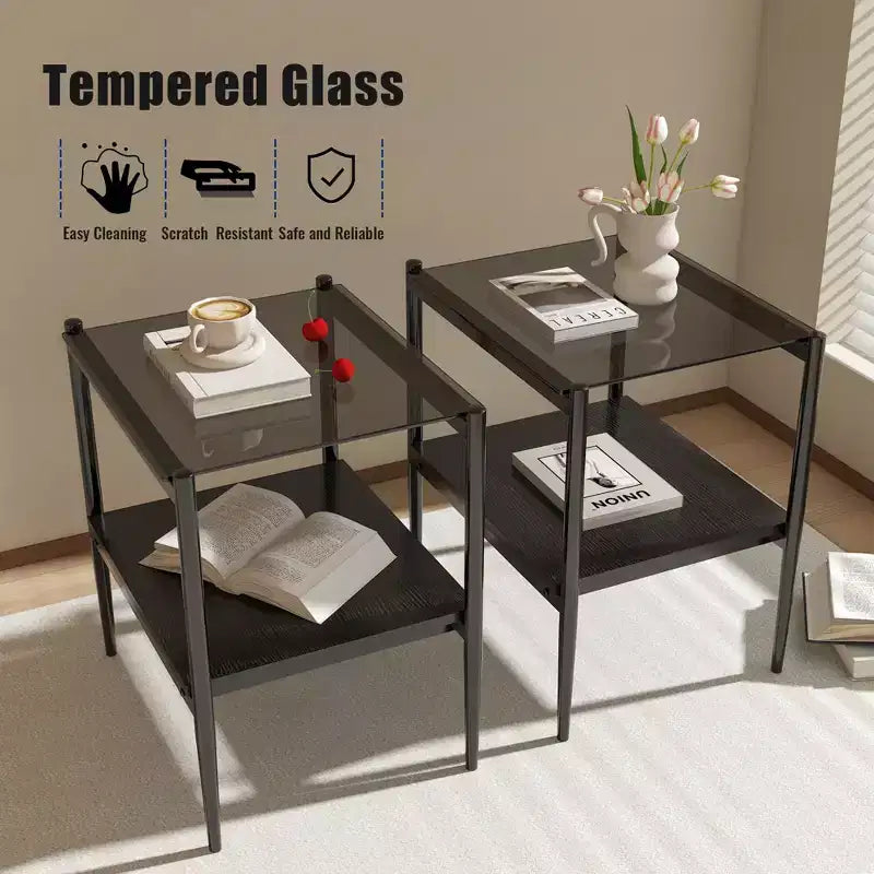 Mesa auxiliar rectangular de cristal gris y metal negro, juego de 2