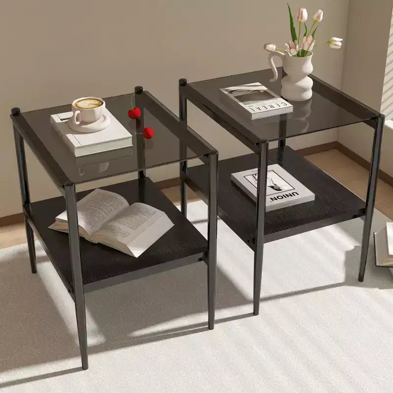 Mesa auxiliar rectangular de cristal gris y metal negro, juego de 2