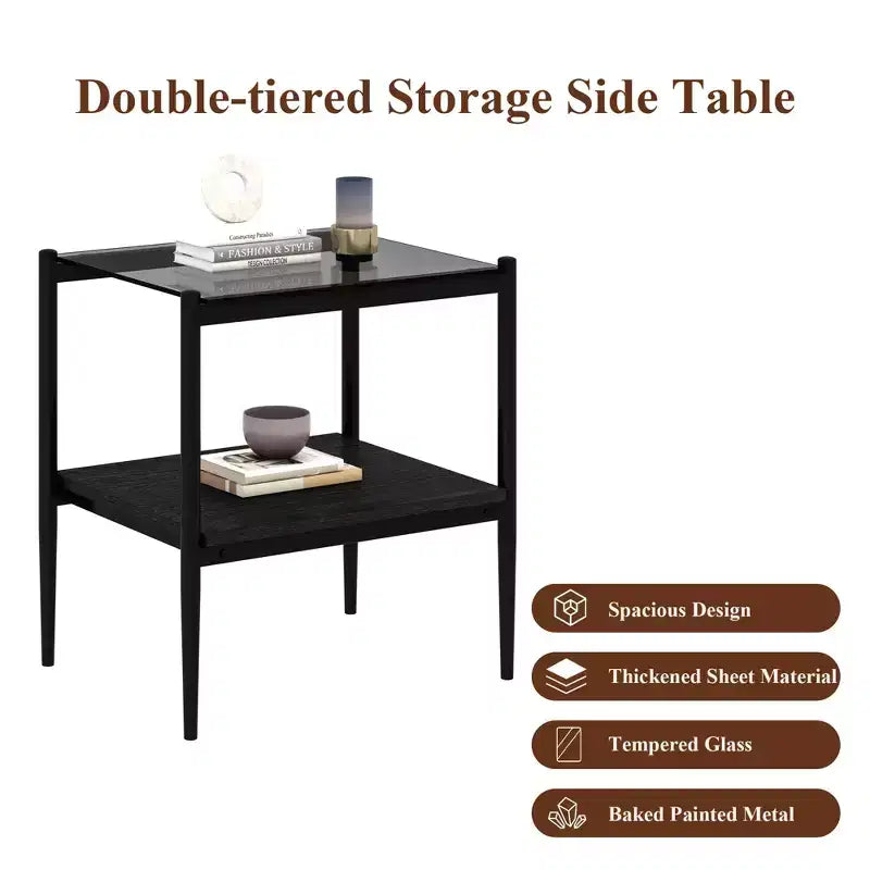 Mesa auxiliar rectangular de cristal gris y metal negro, juego de 2