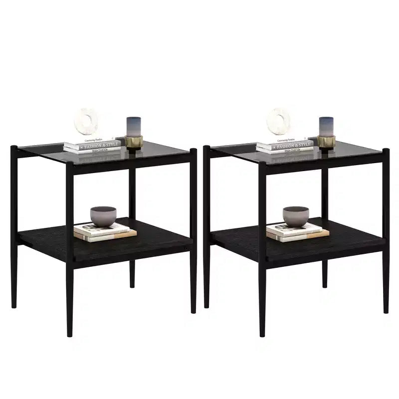 Mesa auxiliar rectangular de cristal gris y metal negro, juego de 2