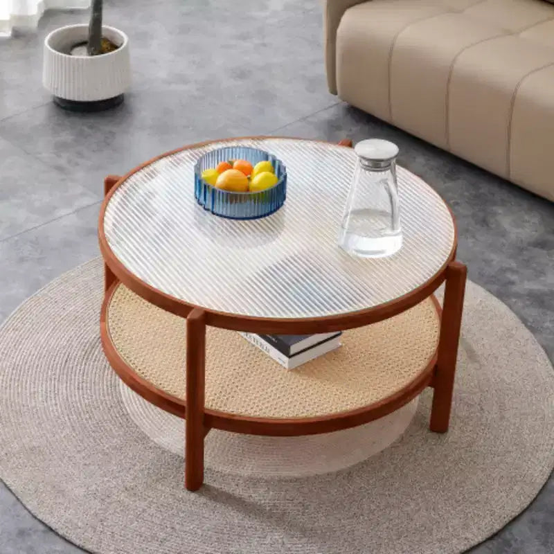 Mesa de centro redonda de 2 niveles, marrón, tapa de cristal y ratán, estructura de madera
