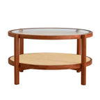 Mesa de centro redonda de 2 niveles, marrón, tapa de cristal y ratán, estructura de madera