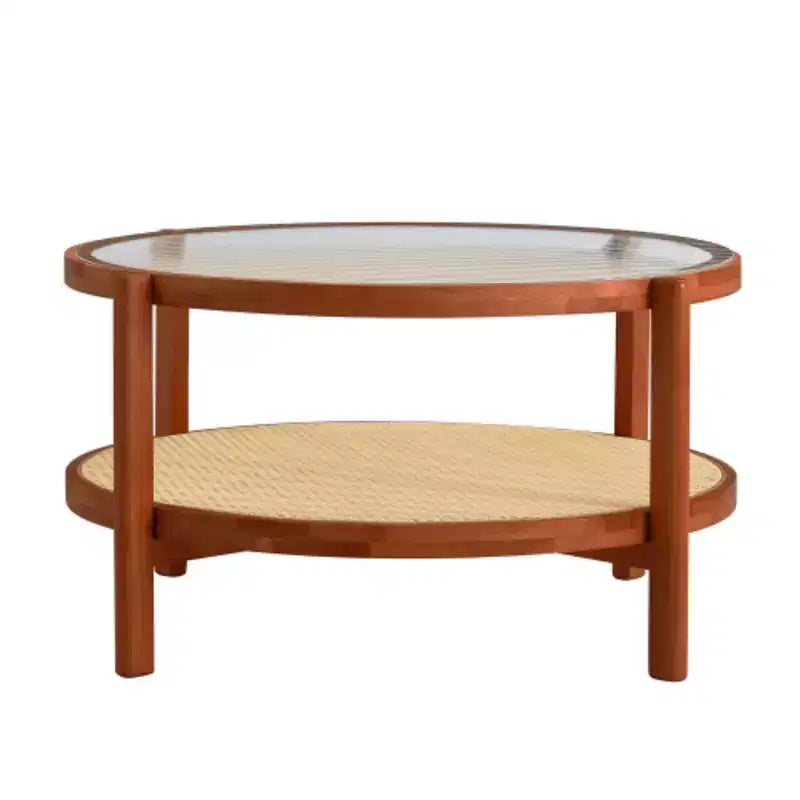Mesa de centro redonda de 2 niveles, marrón, tapa de cristal y ratán, estructura de madera