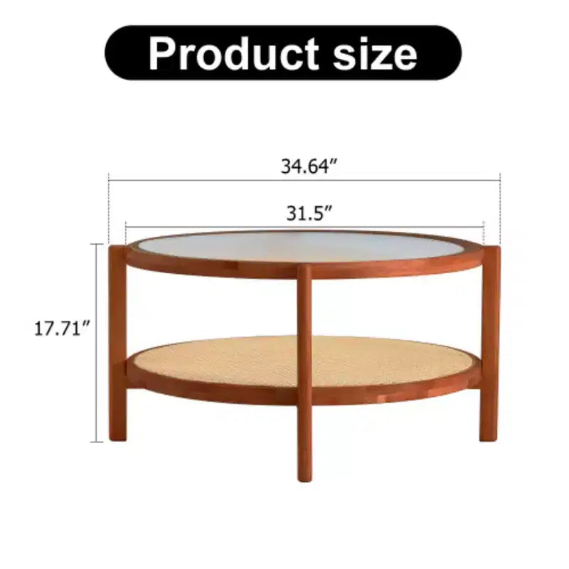 Mesa de centro redonda de 2 niveles, marrón, tapa de cristal y ratán, estructura de madera