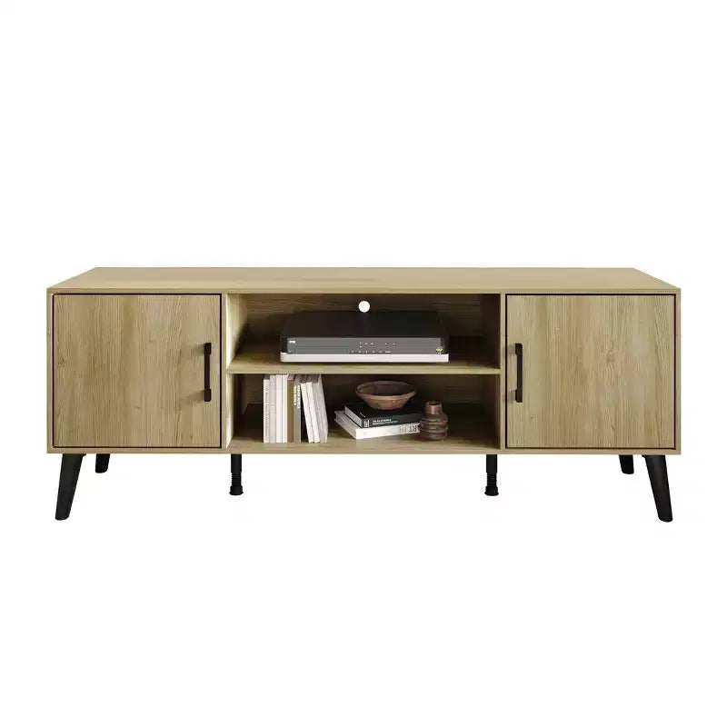 Mueble para TV de 60" con almacenamiento de gabinete y estantes abiertos, marrón / gris / roble claro