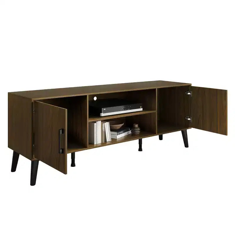 Mueble para TV de 60" con almacenamiento de gabinete y estantes abiertos, marrón / gris / roble claro