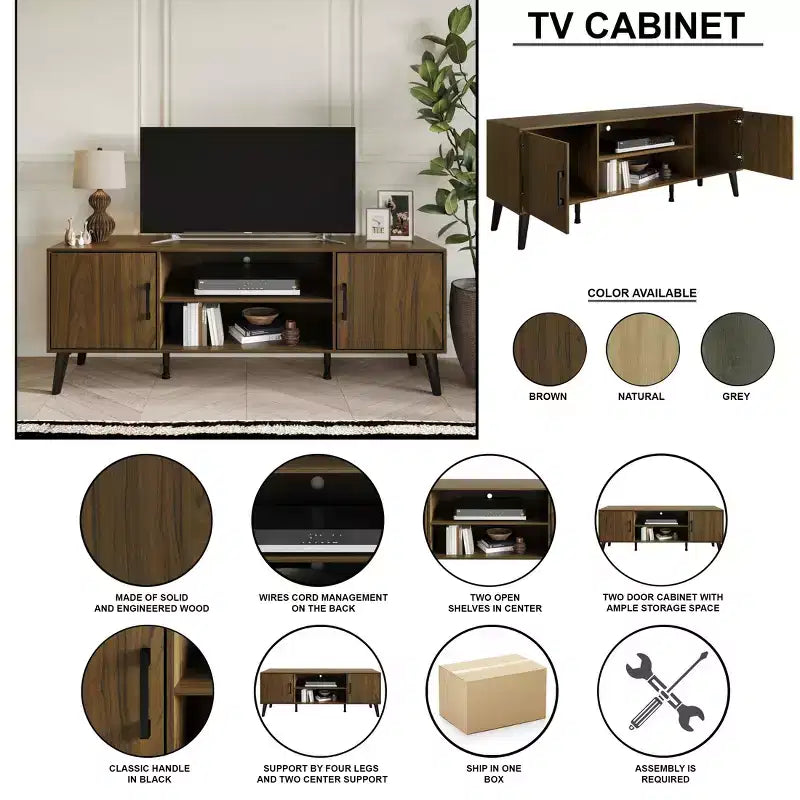 Mueble para TV de 60" con almacenamiento de gabinete y estantes abiertos, marrón / gris / roble claro