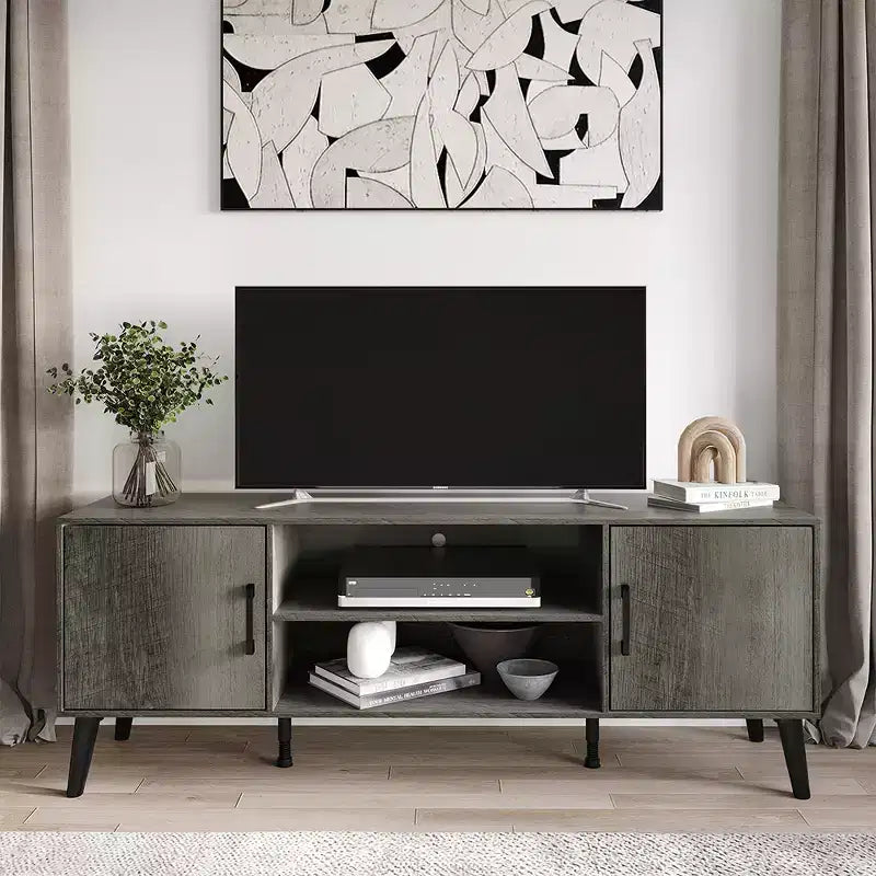 Mueble para TV de 60" con almacenamiento de gabinete y estantes abiertos, marrón / gris / roble claro