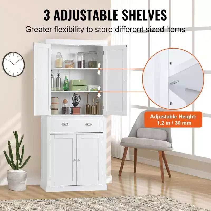 Alacena de Cocina Blanca Independiente con 2 Puertas, 2 Cajones y 6 Estantes