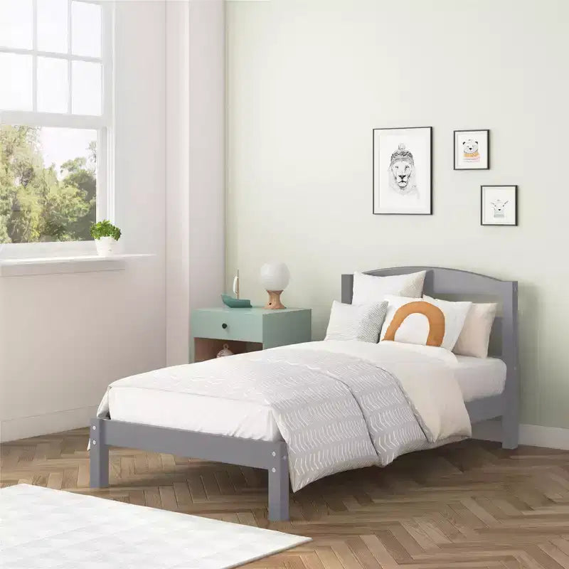 Cama Plataforma de Madera Gris con Cabecero, Twin, 1 Persona