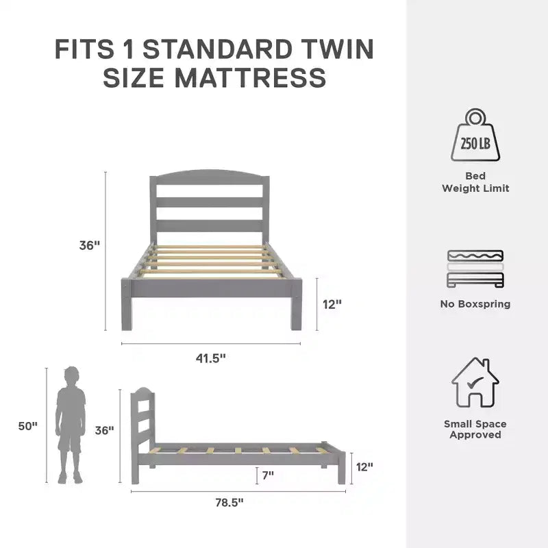Cama Plataforma de Madera Gris con Cabecero, Twin, 1 Persona