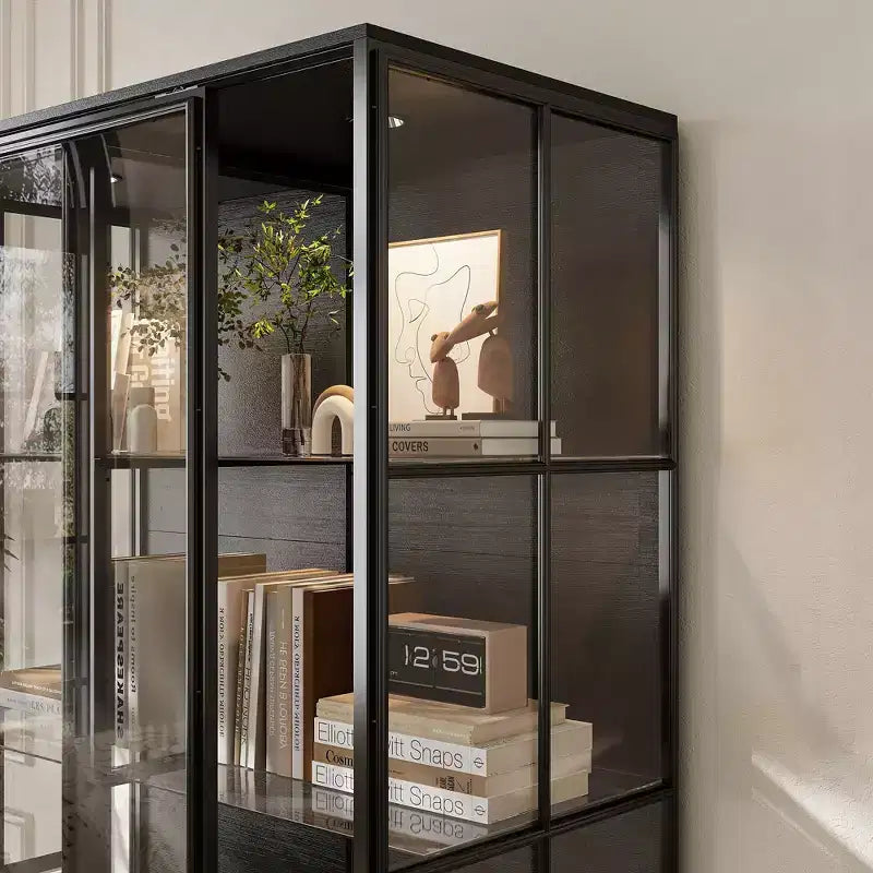 Vitrina de Cristal Negro con Focos LED, Puertas Correderas, Montaje por 1 Persona