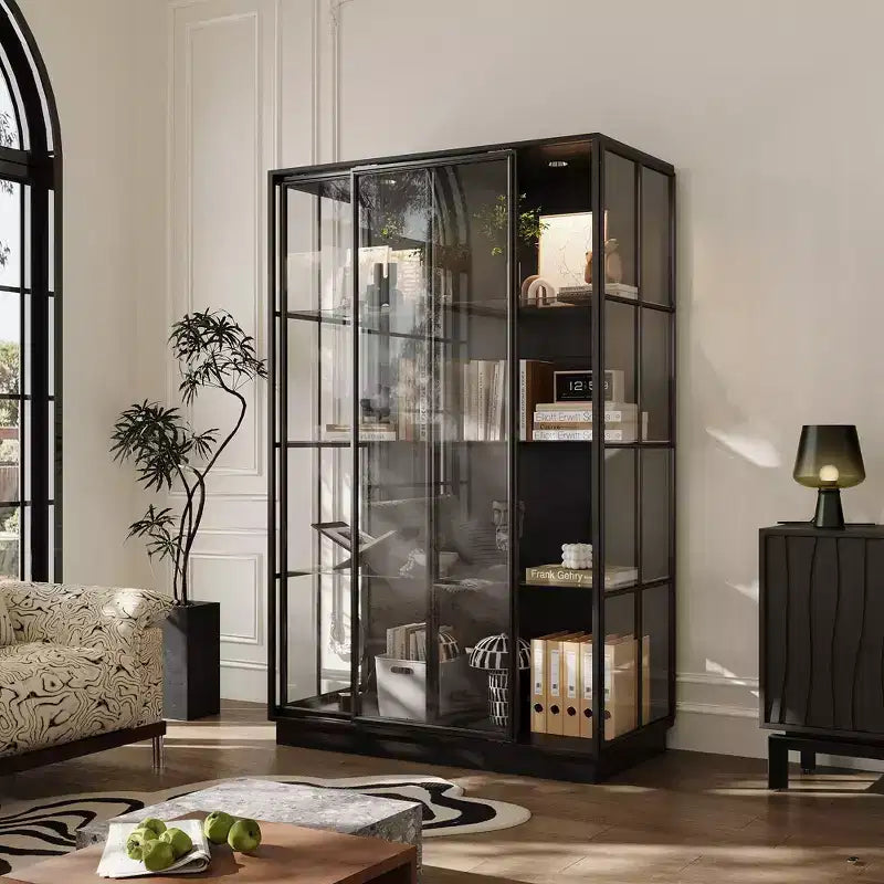 Vitrina de Cristal Negro con Focos LED, Puertas Correderas, Montaje por 1 Persona