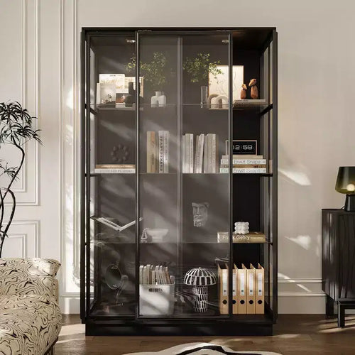 Vitrina de Cristal Negro con Focos LED, Puertas Correderas, Montaje por 1 Persona