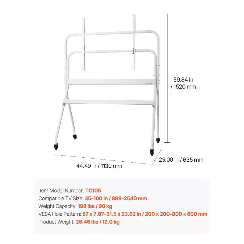 Soporte de TV blanco rodante con ruedas, altura ajustable, individual