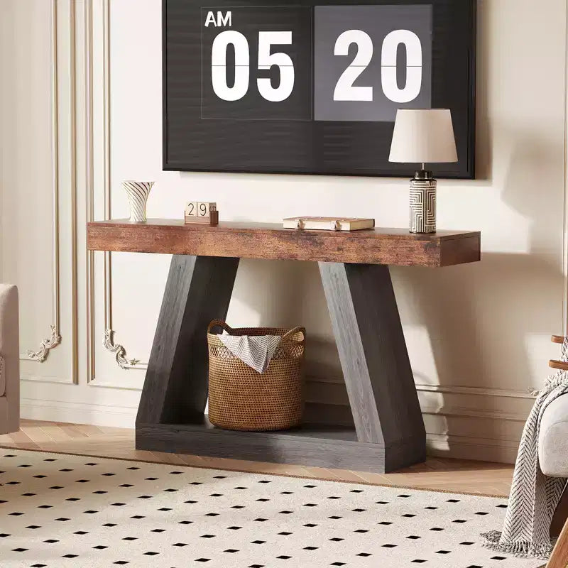 Mesa consola estrecha de 2 niveles de 55", marrón/gris y marrón/tronco