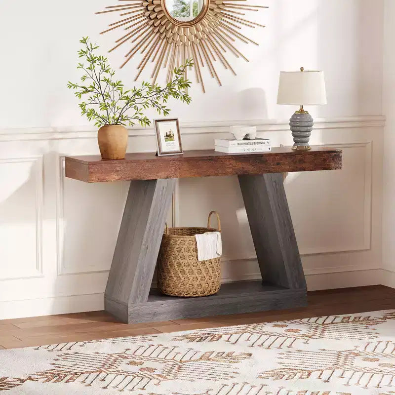 Mesa consola estrecha de 2 niveles de 55", marrón/gris y marrón/tronco