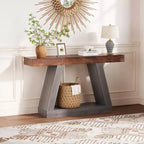 Mesa consola estrecha de 2 niveles de 55", marrón/gris y marrón/tronco