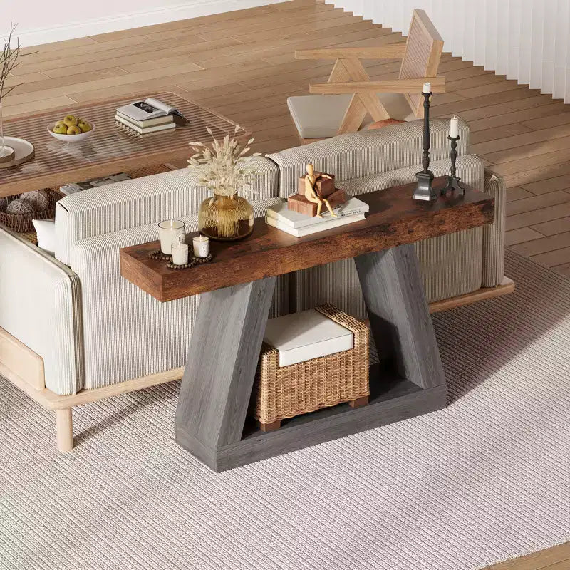 Mesa consola estrecha de 2 niveles de 55", marrón/gris y marrón/tronco