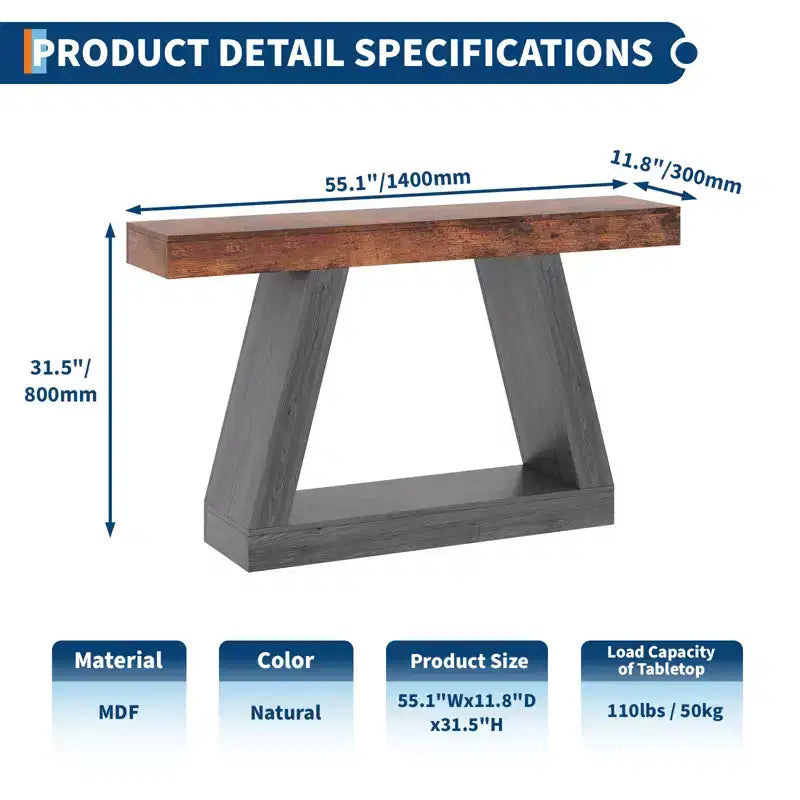 Mesa consola estrecha de 2 niveles de 55", marrón/gris y marrón/tronco