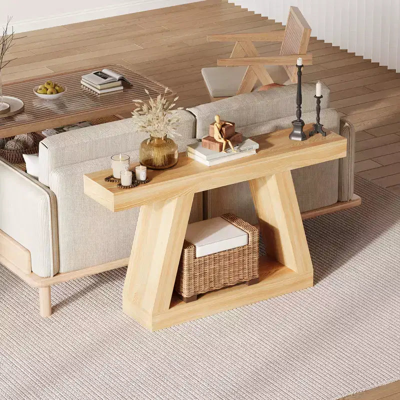 Mesa consola estrecha de 2 niveles de 55", marrón/gris y marrón/tronco