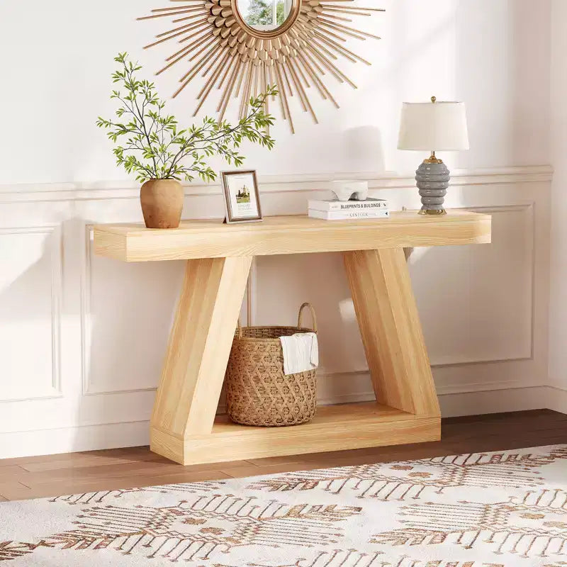 Mesa consola estrecha de 2 niveles de 55", marrón/gris y marrón/tronco