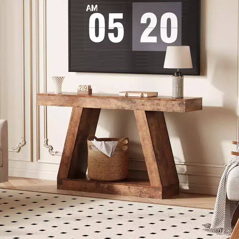 Mesa consola estrecha de 2 niveles de 55", marrón/gris y marrón/tronco