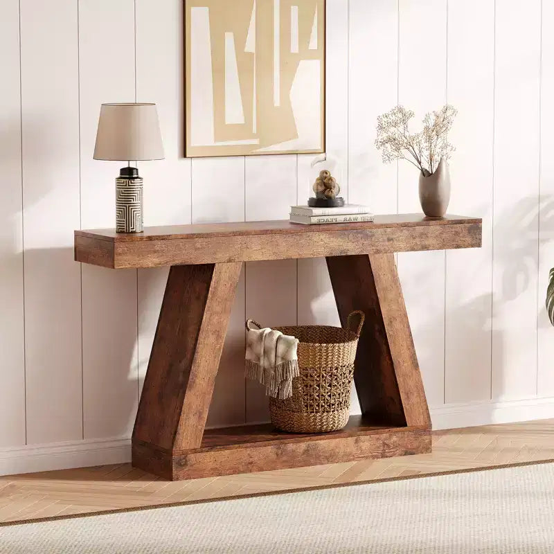 Mesa consola estrecha de 2 niveles de 55", marrón/gris y marrón/tronco