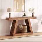 Mesa consola estrecha de 2 niveles de 55", marrón/gris y marrón/tronco