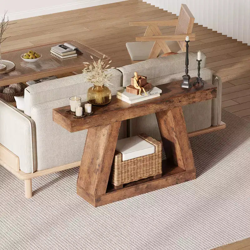 Mesa consola estrecha de 2 niveles de 55", marrón/gris y marrón/tronco