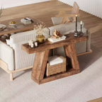 Mesa consola estrecha de 2 niveles de 55", marrón/gris y marrón/tronco
