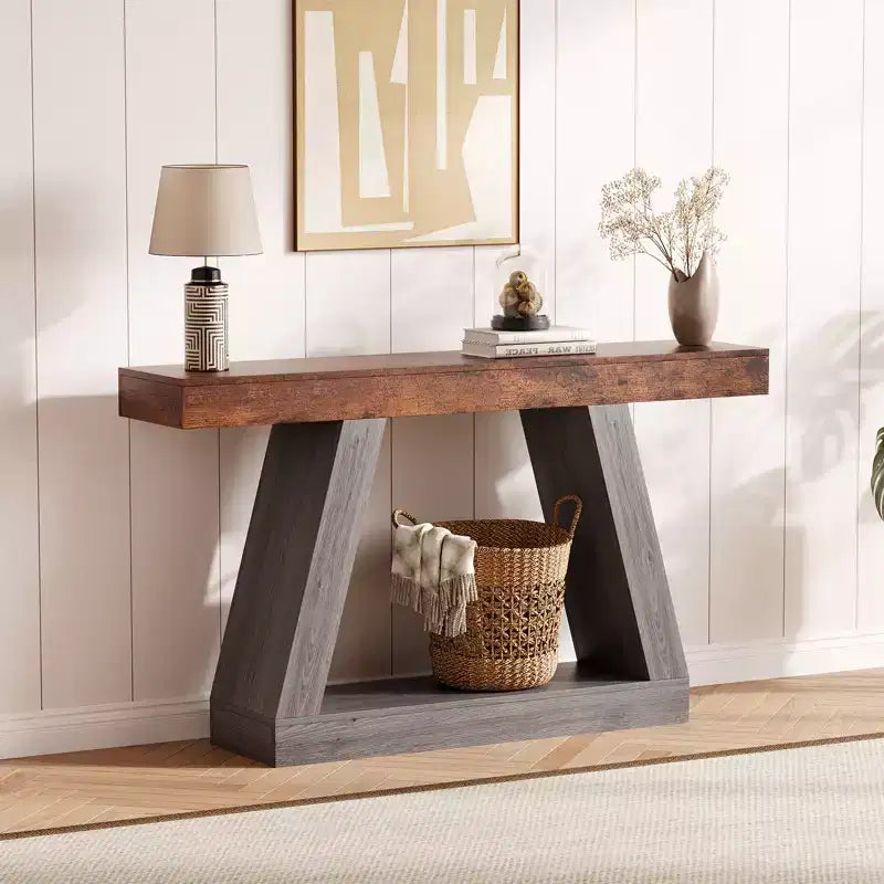 Mesa consola estrecha de 2 niveles de 55", marrón/gris y marrón/tronco