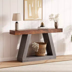 Mesa consola estrecha de 2 niveles de 55", marrón/gris y marrón/tronco