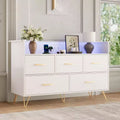 Modern Dresser for Bedroom, Wooden Dresser Storage Cabinet with LED Lights & Charging Station, White Chest of Drawers for Closet, Hallway, Entryway