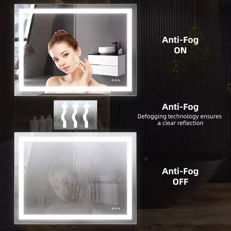 Espejo de baño LED sin marco plateado – Iluminación frontal y trasera, Antivaho, Montaje en pared individual