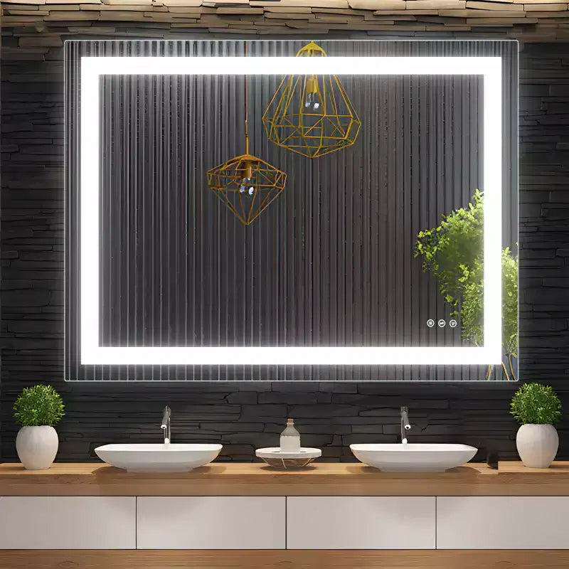 Espejo de baño LED sin marco plateado – Iluminación frontal y trasera, Antivaho, Montaje en pared individual