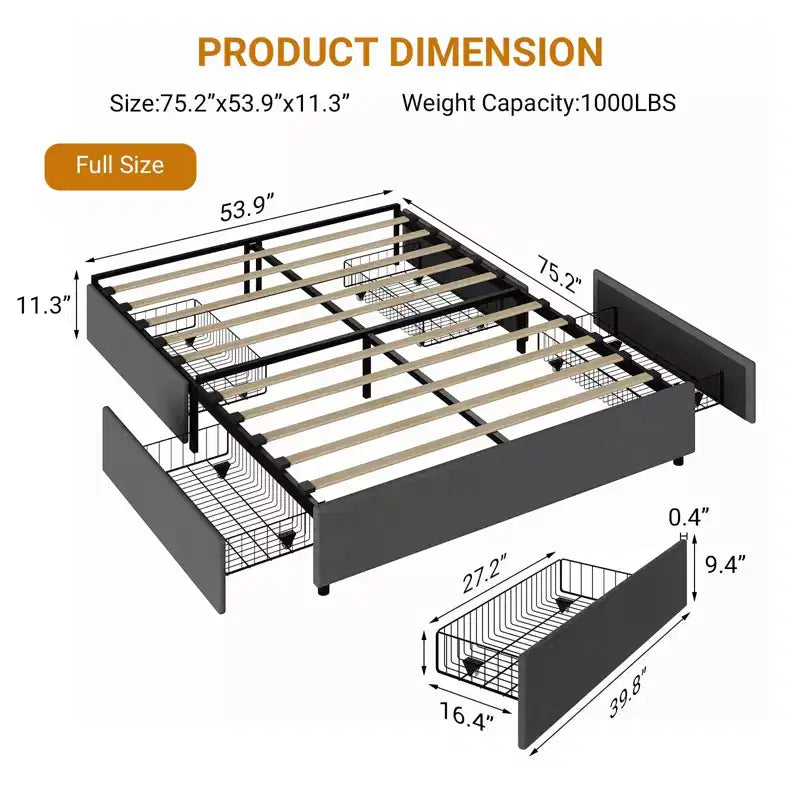 Estructura de cama con plataforma de tela gris con 4 cajones de almacenamiento, matrimonial/queen/king, 1 persona