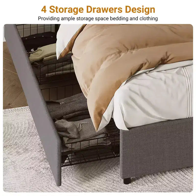 Estructura de cama con plataforma de tela gris con 4 cajones de almacenamiento, matrimonial/queen/king, 1 persona