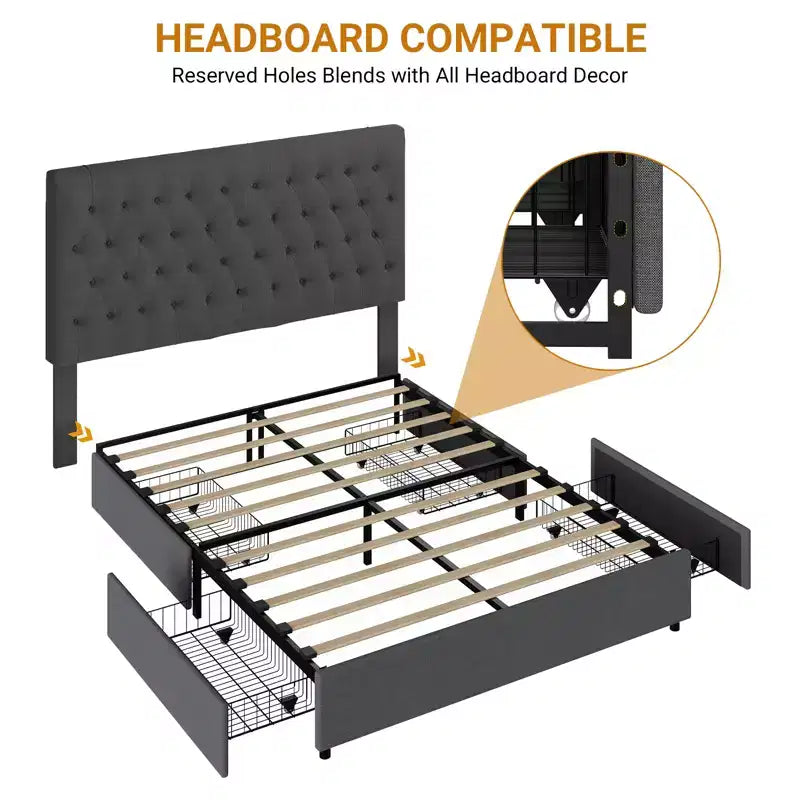 Estructura de cama con plataforma de tela gris con 4 cajones de almacenamiento, matrimonial/queen/king, 1 persona