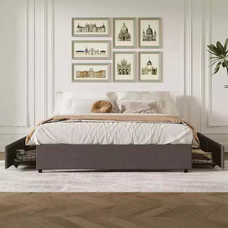 Estructura de cama con plataforma de tela gris con 4 cajones de almacenamiento, matrimonial/queen/king, 1 persona