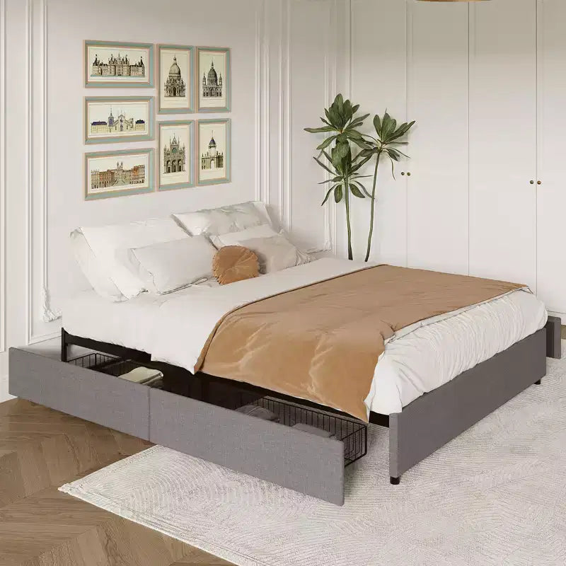 Estructura de cama con plataforma de tela gris con 4 cajones de almacenamiento, matrimonial/queen/king, 1 persona