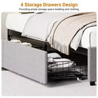 Estructura de cama con plataforma de tela gris con 4 cajones de almacenamiento, matrimonial/queen/king, 1 persona