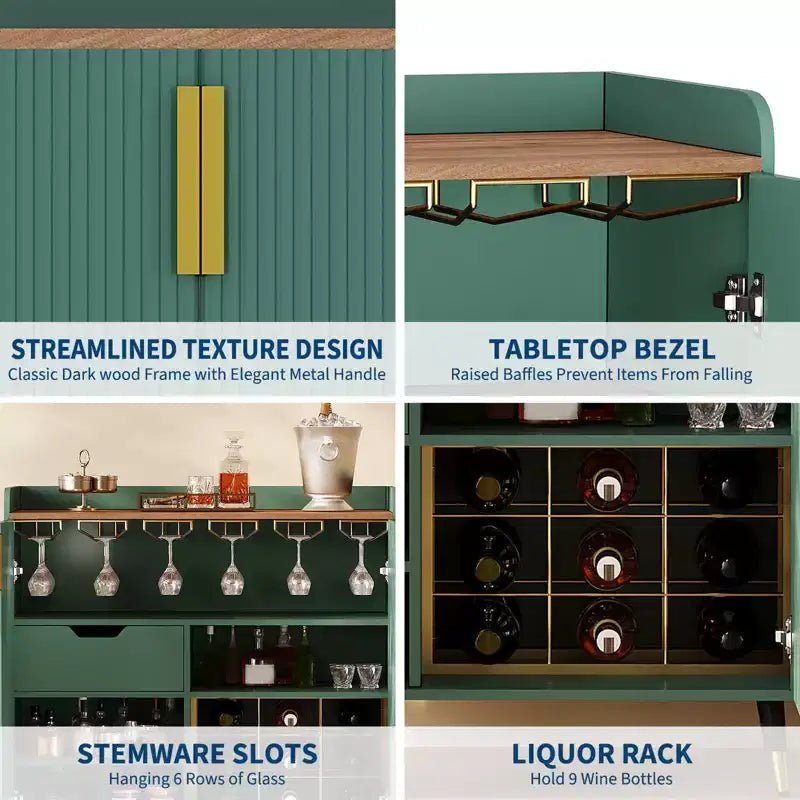 Vitrina para vinos, negra/verde, puerta acanalada, uso individual, capacidad para 9 botellas y 6 copas