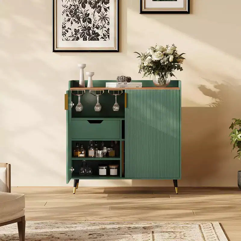 Vitrina para vinos, negra/verde, puerta acanalada, uso individual, capacidad para 9 botellas y 6 copas