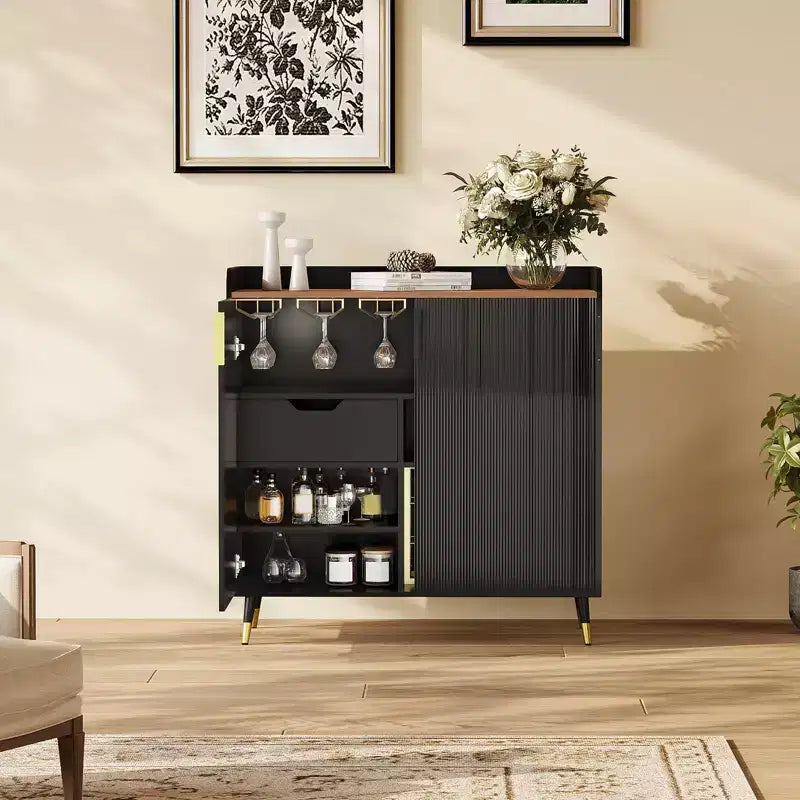 Vitrina para vinos, negra/verde, puerta acanalada, uso individual, capacidad para 9 botellas y 6 copas